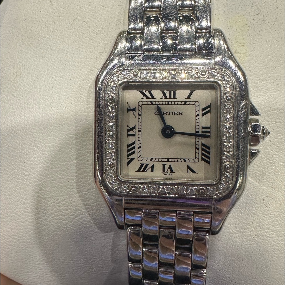 Cartier small white gold Panthere watch with original diamond bezel.  Quartz